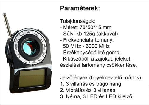 Lehallgatás és rejtett kamera detektor LCD kijelzős